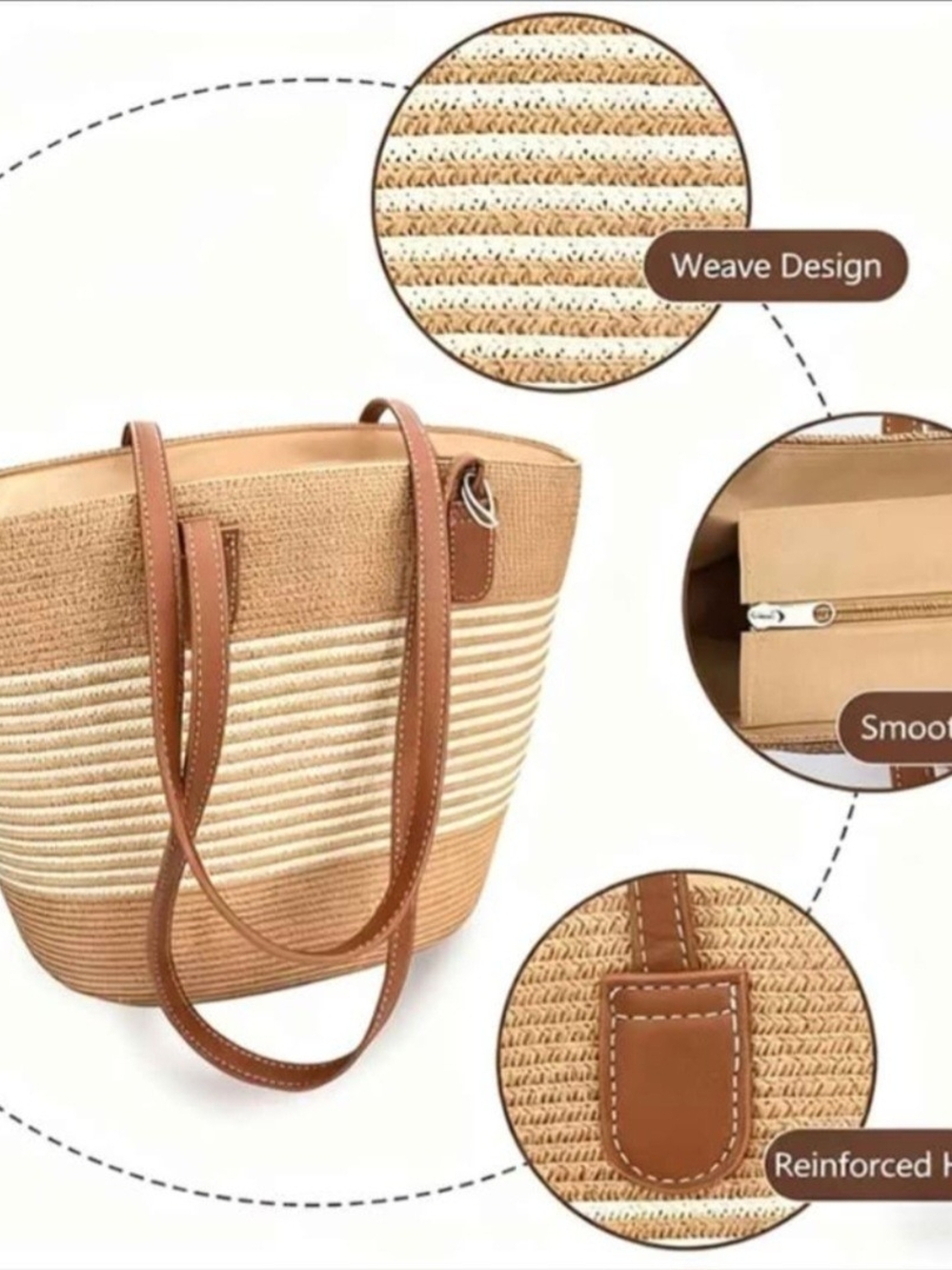 Woven Straw Tote Bag with Brown Leather Handles - Tan & Cream - Picture 5 of 5
